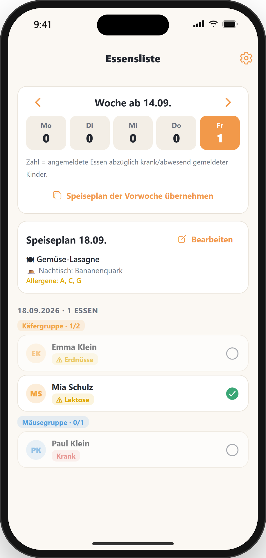 Essensliste für die Küche