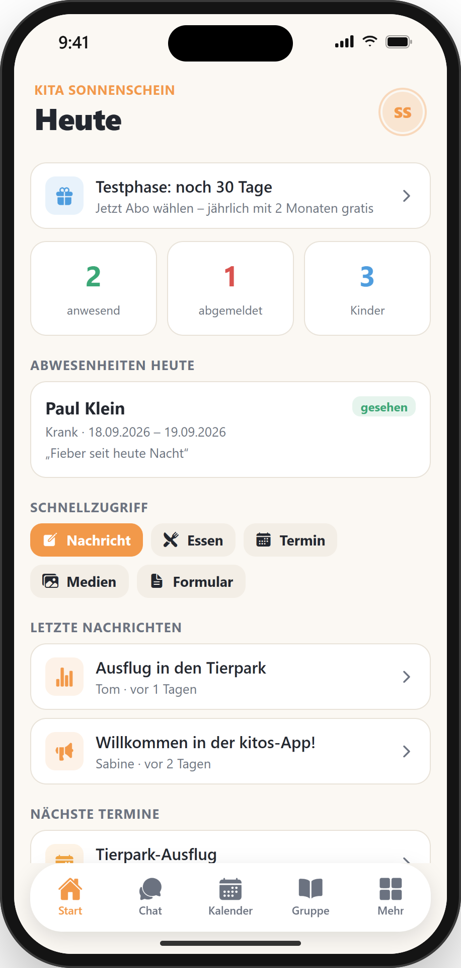 kitos: Tagesübersicht der Kita mit Anwesenheit und Abwesenheiten
