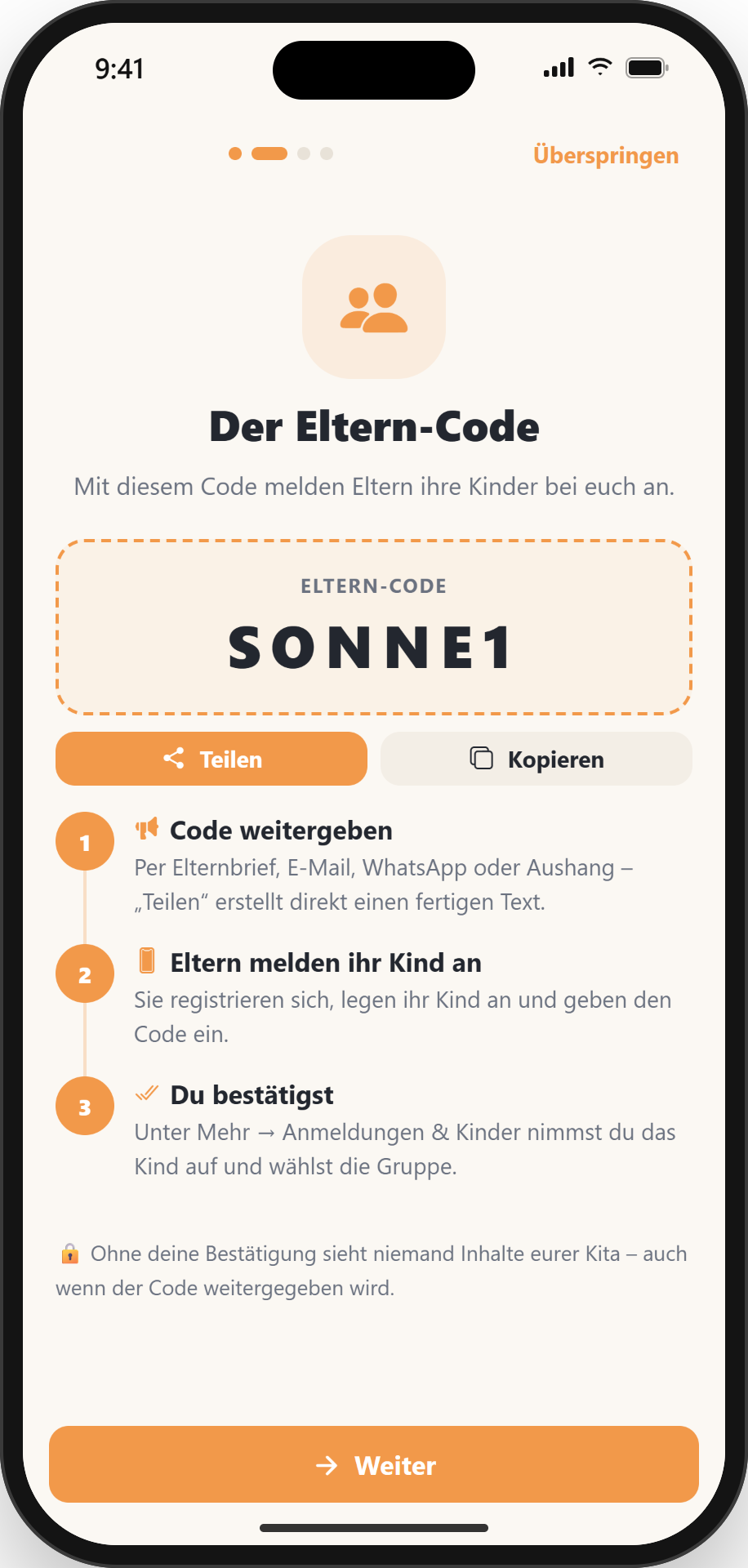 kitos: Eltern-Code teilen